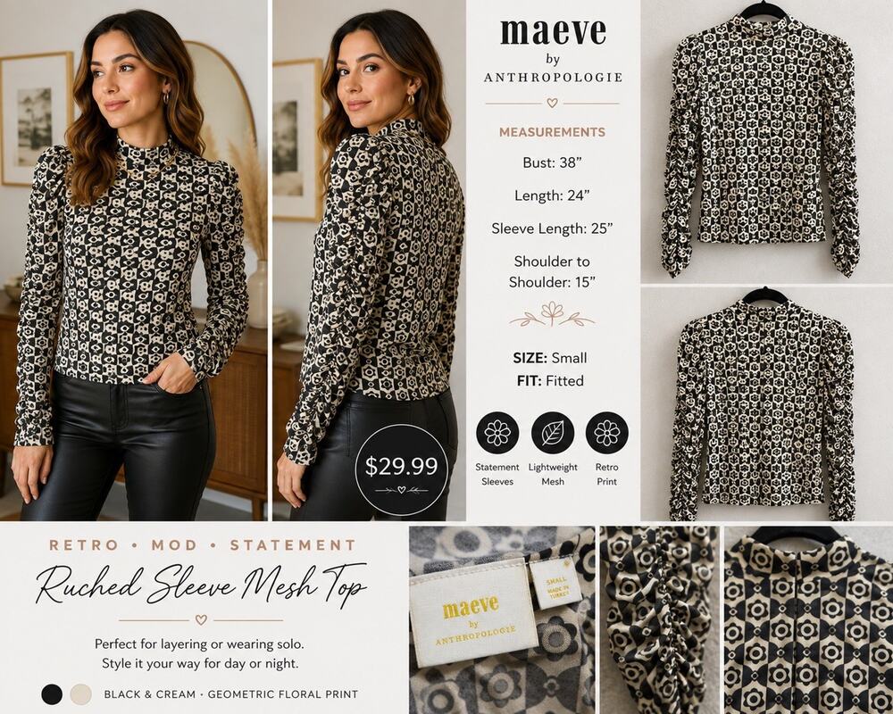 Maeve by Anthropologie Black/White Geometric Sheer Mesh Ruched Mock Neck Top S